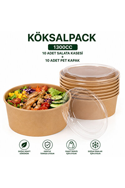 Köksal Pack 10 Adet 1300 CC Kraft Salata Kasesi + 10 Adet Şeffaf PET Kapak