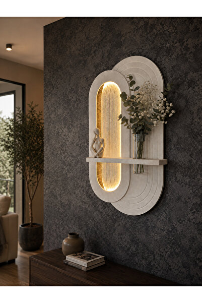 Artium Design ve Cam Vazolu ve LED Aydınlatmalı Dekoratif MDF Duvar Rafı