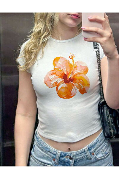 designedfy Kadın Hibiscus Çiçek Baskılı Pamuklu Likralı Crop Beyaz
