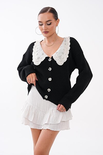 ŞİMAL Women's Lace Collared Button Closure Knitted Cardigan 265030