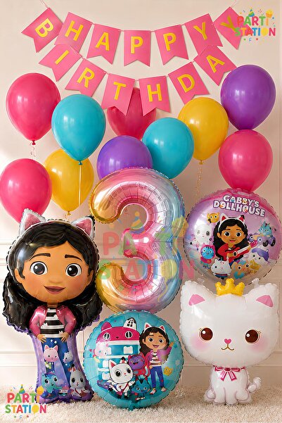 Parti Station Gabby Dollhouse Balloon Set for 3 Year Olds, 14 Piece Birthday ...