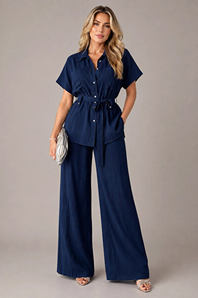 MetuCA Women's Navy Blue 100% Cotton Linen Double Suit Trousers with Elastic ...