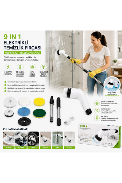 Genel Markalar 9IN1 25W - KABLOSUZ - HIZLI ŞARJ ELEKTRİKLİ ŞARJLI TEMİZLİK FIRÇASI RZG-2026 (4887) GOTKN-PRK49234