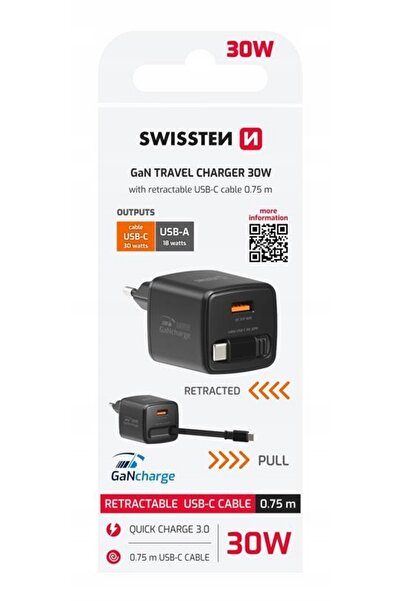 NO BRAND Încărcător Swissten 30W cu cablu retractabil USB-C USB-A, încărcare ...