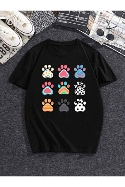 29CUN Women's T-Shirt With Colorful Design, Cute Pet Paw Print Crew-Neck Shor...