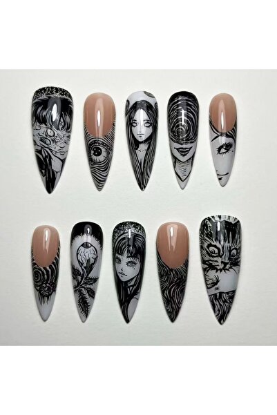Choice 1 24PCS Trendy Cool Black Long Stiletto Press on Nails Dark Comic Ins ...