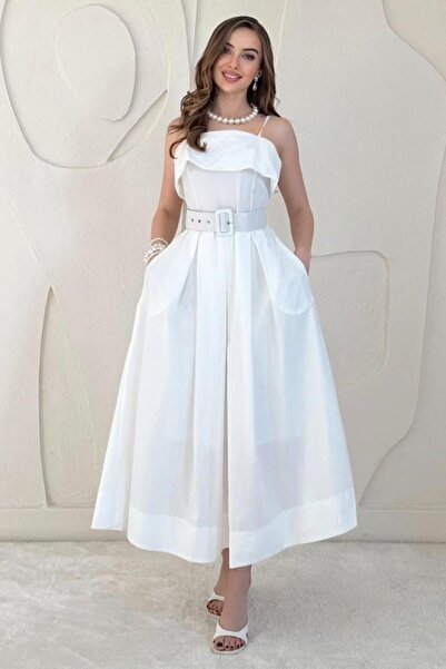 SEREMONİ BUTİK White Belted Strap Pleated Dress