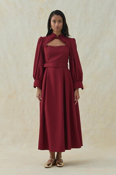 Generic Brand Burgundy Belt Detailed Halter Neck Designer Dress