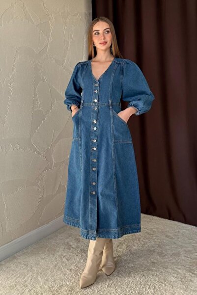 Elbee Fashion Woman Blue Balloon Sleeve Denim Dress