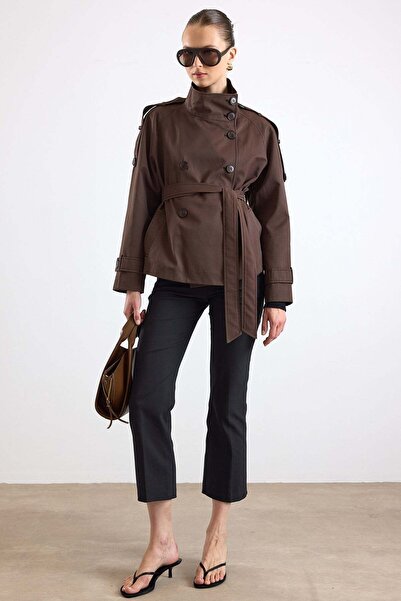 Olcay High Collar Epaulet Detailed Water Repellent Short Trench Coat Brown 6883