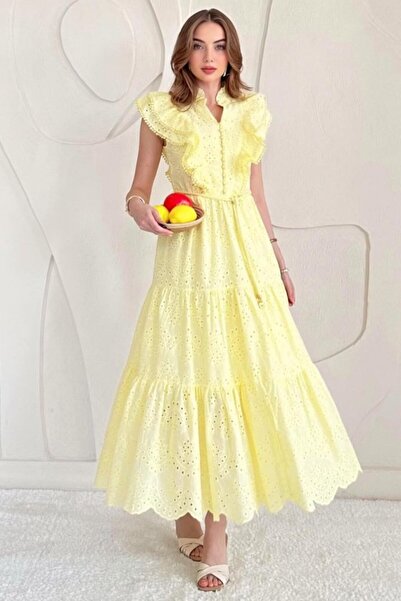ELBEE Yellow Ruffled Buttoned Dress