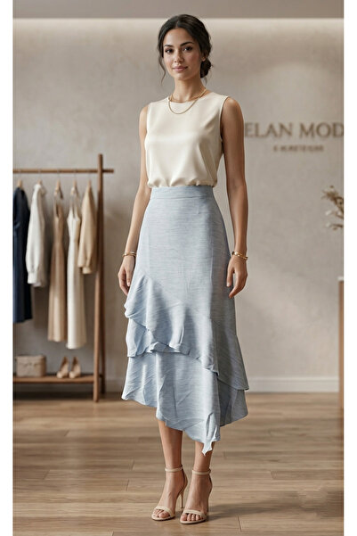 MAXLEVEL MODA Women's Woven Lined Asymmetrical Layered Ruffle Midi Skirt - Li...