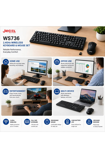 jedel Kablosuz Klavye Mouse Seti - 2.4GHz USB Nano Alıcı 10m Menzil (Piller Dahil) Kablosuz Klavye Mouse Set