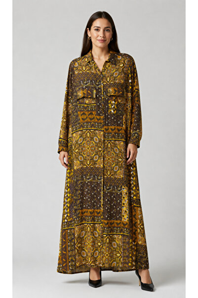 bezeXL Plus Size Patterned Viscose Dress Brown