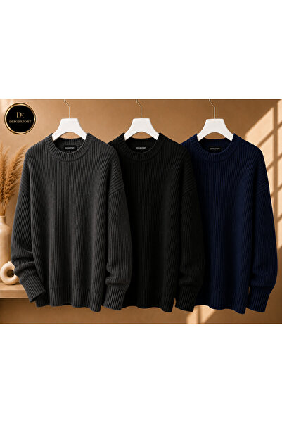 DepoExport Women's 3-Piece Crew Neck Oversize Knitwear Sweater Soft Knitted S...