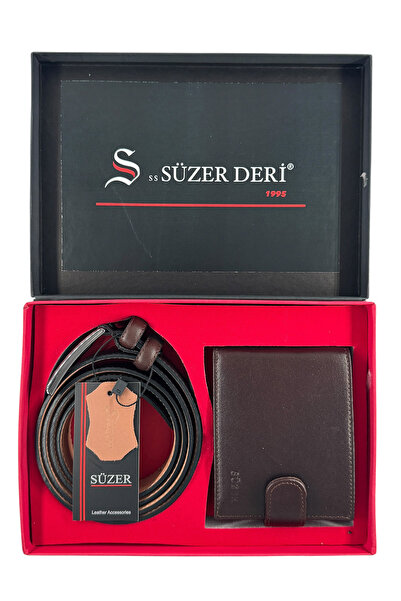 Süzer Deri 100% Genuine Leather Belt and Wallet Gift Set with Special Box Bro...