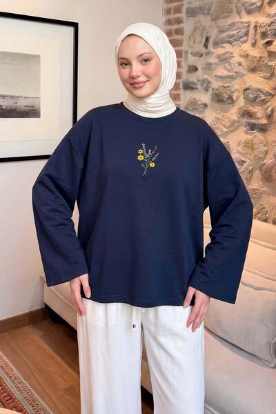 Salih Çelebi Floral Embroidered Combed Cotton Blouse 13137 - Dark Blue