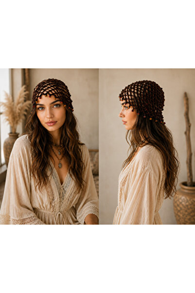 Meralin Elinden Hand Knitted Brown Sequined Wooden Beaded Net Beret