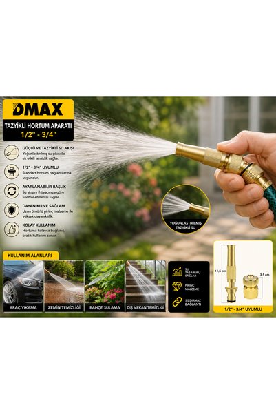 YANARLAR DMAX Tazyikli Hortum Aparatı 1/2”–3/4” – Ayarlanabilir Güçlü Basınçl...
