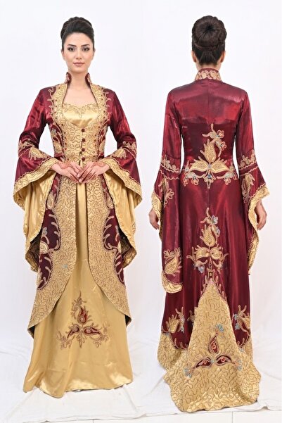 JABO WEDDİNG HOUSE BORDO GOLD NAKIŞ VE TAŞ İŞLEMELİ İÇ DIŞ TAKIM KAFTAN 38-40...