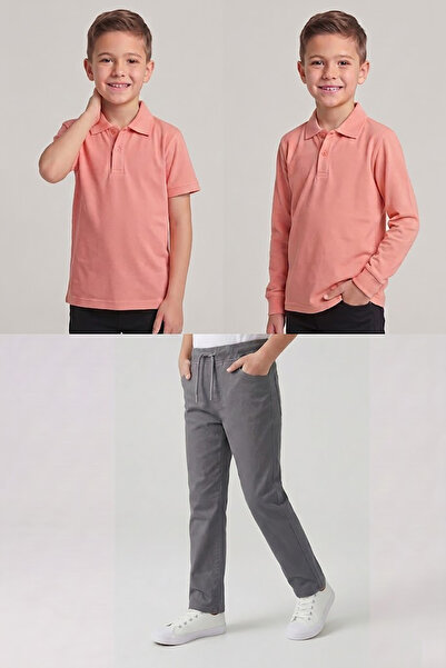 nacar çarşı Boys' School Salmon Long and Short Sleeve Polo Collar T-Shirt Smo...