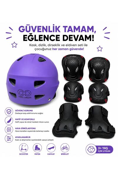 Arlina Home Kids Tüm Set Lila Kask Siyah Dizlik Dirseklik Ve Eldiven