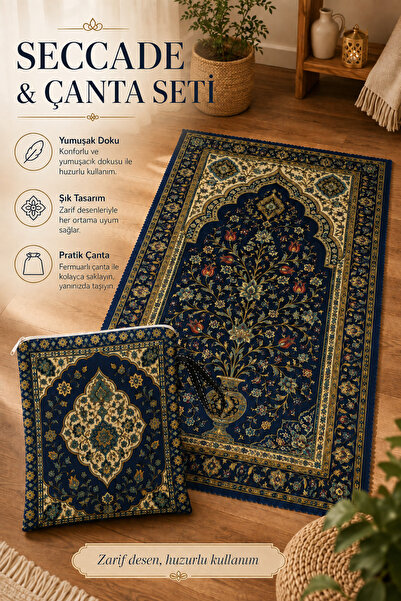 Seccade & Çanta Seti 70x125 cm – Raşel Kumaş, Canlı Baskılı, Fermuarlı Taşıma Çantalı Lacivert Desenli Namazlık