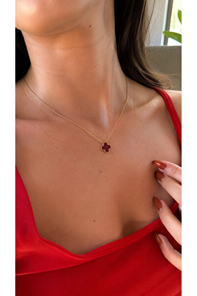 ANKA JEWELLRY Steel Women's Gold Necklace |   Bordo Stone Flower Model |   El...