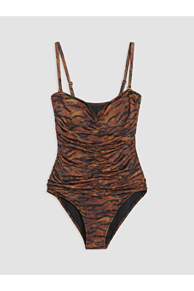LC Waikiki Brown Heart Collar Leopard Patterned Drawstring Women's Swimsuit