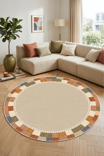 Decomia Home Dijital Kaymaz Yıkanabilir Yuvarlak Renkli Salon Halısı Mutfak H...