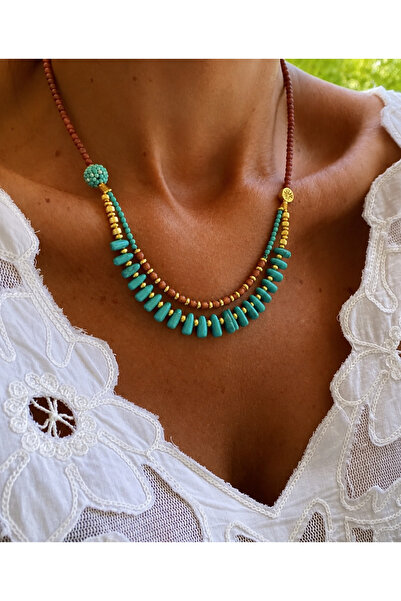Markiz Takı Turquoise and Jade Natural Stone Necklace 45 cm