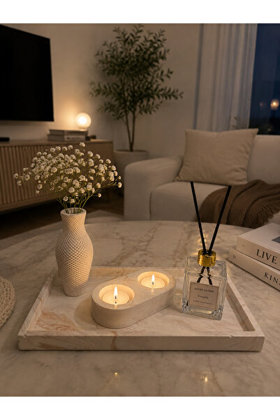 Sisay Home Mermer Desenli Dekoratif Tepsi Seti – Vazo, Mumluk ve Oda Kokulu S...