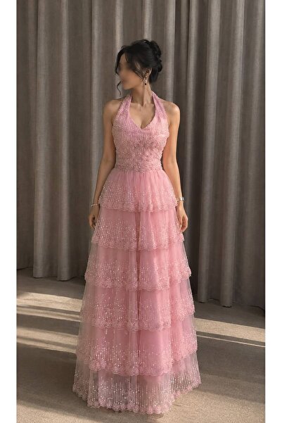 ELORA FASHION Long Evening Dress with Layers of Pink Tulle