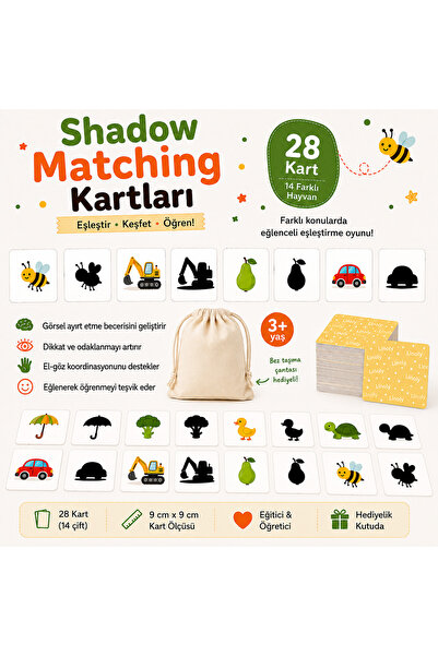 Shadow Matching Kartları – Gölge Eşleştirme Oyunu 28 Kart 14 Çift | 3+ Yaş Eğitici Dikkat, Hafıza ve Eşleştirme Oyunu
