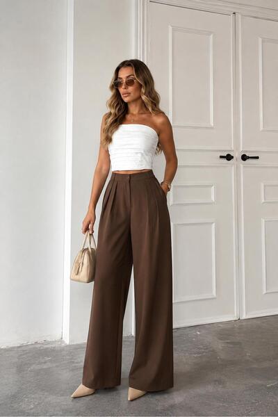 MODiSCHO Women's Three-Pleated Comfortable Fit Double Fabric Palazzo Trousers