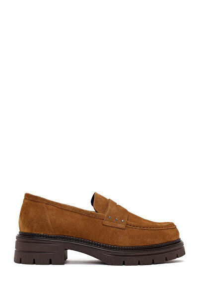 Derimod Women's Tan Thick Soled Suede Leather Masculine Loafer Af190053Ds