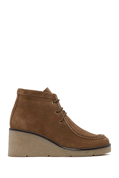Derimod Women's Mink Lace-Up Wedge Heeled Suede Leather Boots Af170023Ds