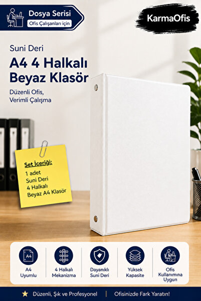 KarmaOfis A4 4 Halkalı Beyaz Suni Deri Klasör | Ofis ve Evrak Düzenleme –