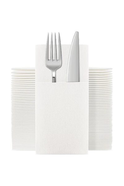 Generic Brand Disposable dining napkins with built-in cutlery pockets, white,...