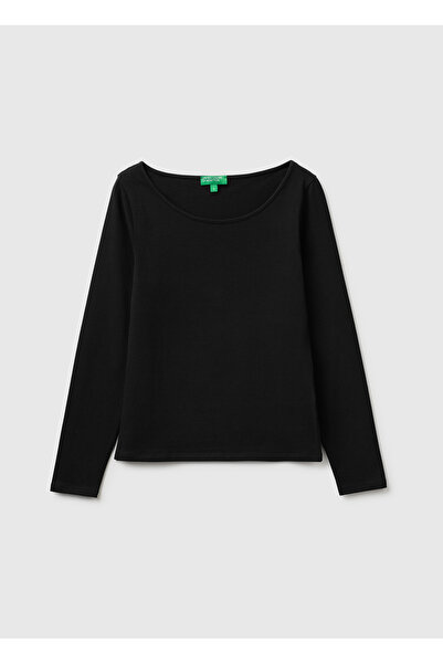 United Colors of Benetton تي شيرت نسائي أسود من مزيج القطن بقصة ضيقة وأكمام ط...