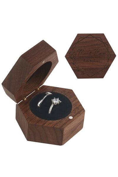 Generic Premium Black Walnut Wooden Engagement Ring Box with 2 Slots, Magneti...
