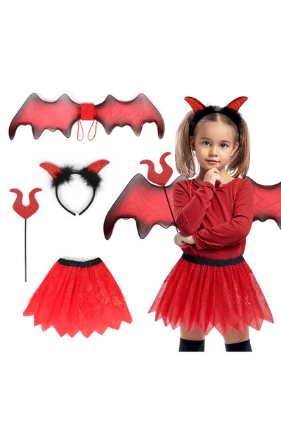OEM Costum de Halloween Diavol Roșu pentru Fete, Fustă din Tul, Aripi, Bentiț...