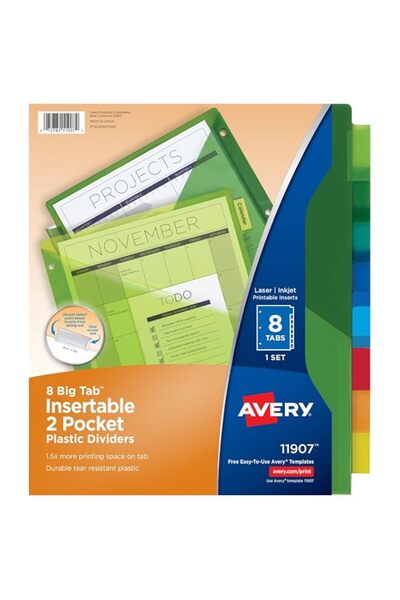 Generic Avery 8-Tab Plastic Binder Dividers With Pockets, Insertable Multicol...
