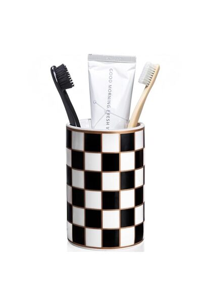 Generic Checkered Ceramic Toothbrush Holder for Bathroom Countertop, Black an...