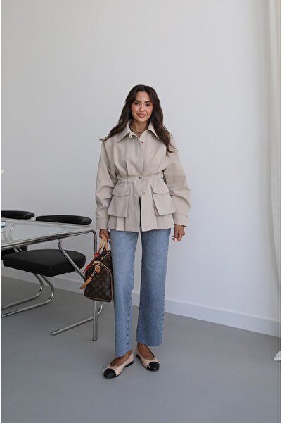 Havoş Stone Color Safari Trench Coat with Flap Pockets