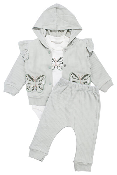 bebegen Baby Girl Ecru Water Green Butterfly Embroidered Ruffle Cardigan 3-Pi...