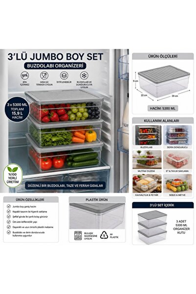 OLİAHOME 3’lü mega Boy Buzdolabı Organizeri 5300 ML Kapaklı İstiflenebilir Şe...