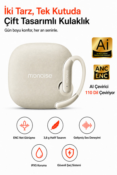 Ayers PQ16 Monoise 110 Dil Gerçek Zamanlı Yapay Zekâ Çeviri Destekli Kablosuz...