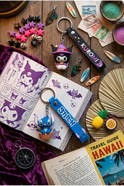 Sylvera Shop 2'li Set Sevimli Kuromi & Stitch Figürlü Silikon Siyah ve Mavi A...