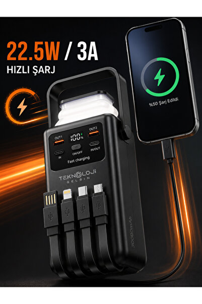 Teknoloji Gelsin 30.000 mAh Powerbank 22.5W Hızlı Şarj LCD Ekran 4 Çıkış 4 Kablo Kamp Işıklı Taşınabilir Batarya